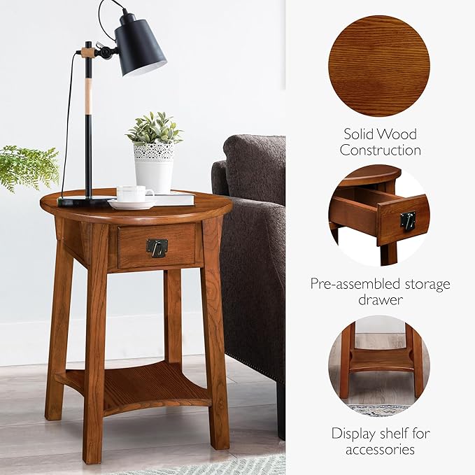 Leick Home Mission End Table, Solid Wood, 18 in. Round, 1 Storage Drawer, Bottom Shelf, Easy-Assembly, For Living Room/Bedroom, Russet, 18.0 in. Diameter x 24.0 in. H, 9056-RS