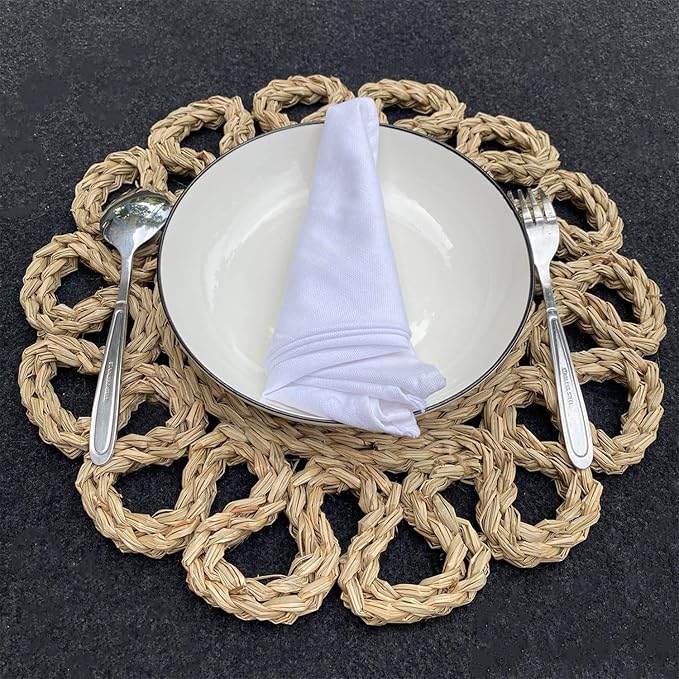 13.8" Set of 6 Seagrass Placemats | Boho Woven Rattan Table Mats | Farmhouse Wicker Spring Plate Chargers Like Water Hyacinth, Seagrass for Wedding, Party, Christmas, Events