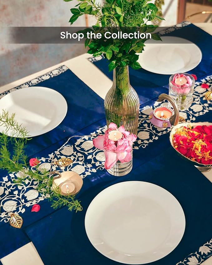 Artisan Cotton Placemats – Premium Boho Table Placemats with Indian Floral Print - Soft Washable & Sustainably Handmade Dining Table Place Mats for Any Occasion (Blue Lotus, 4 Pack)