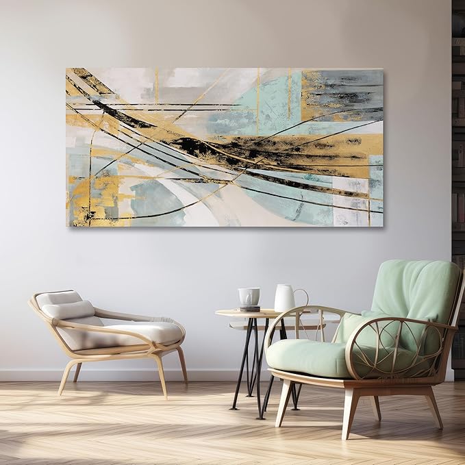 Abstract Wall Art Framed Wall Decor Modern Canvas Abstract Wall Art Black-Gold and Blue Grey Abstract Artwork for Living Room Bedroom Dining Room Home Office Decor 20"x40"