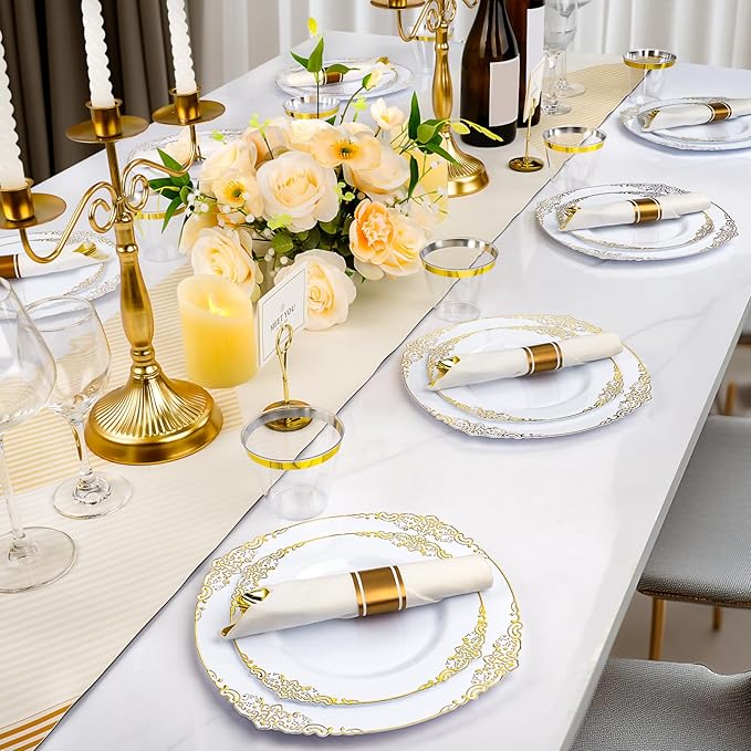 350 PCS White and Gold Plastic Plates, Plastic Dinnerware Set for 50 Guests, 100 Disposable Plates, 150 Silverwares, 50 Cups, 50 Napkins for Party, Wedding, Graduation