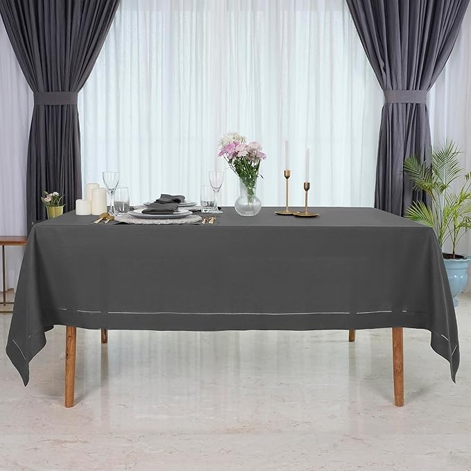 D'Moksha Homes Charcoal Grey Linen Tablecloth 60 x 156 Inch - 100% Pure Linen Grey Tablecloth for Rectangle Tables - Classic Hemstitch, Machine Washable Table Cloth for Spring, Easter