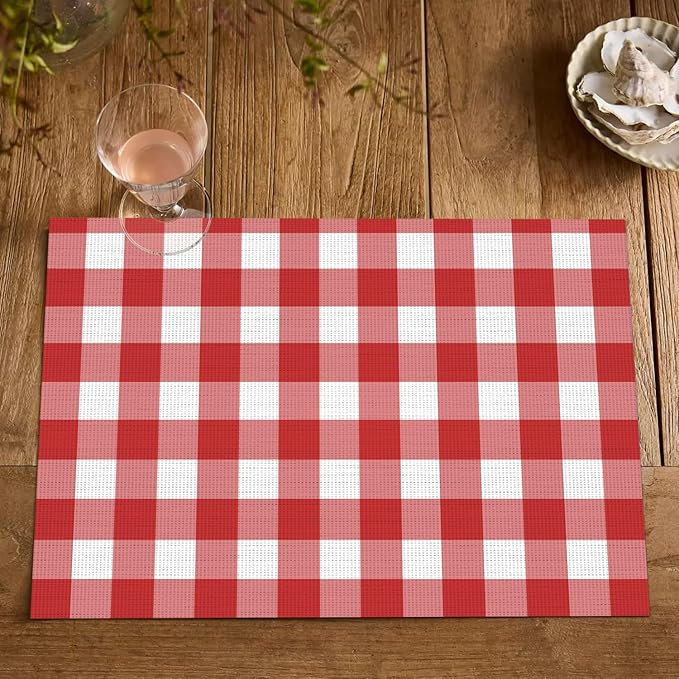 Artoid Mode Buffalo Plaid Vinyl Placemats Set of 4, 12x18 Inch Washable Non-Slip Heat Resistant Plastic Place Mats for Party Dining Table, Red/White