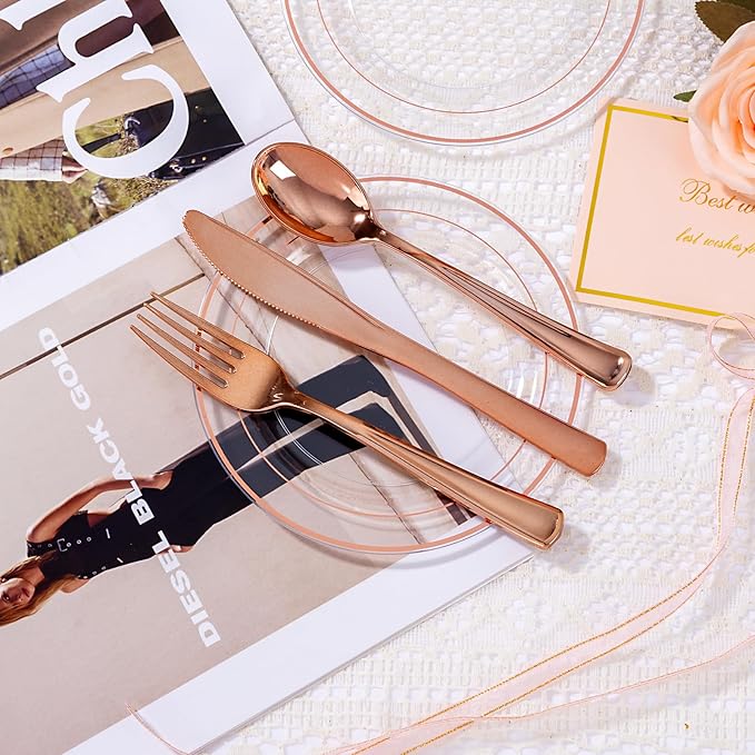 bUCLA 100PCS Clear Rose Gold Plastic Plates Disposable - Heavy Duty 6.25 Inch Clear Plastic Dessert Plates with Rose Gold Trim - Ideal for Party, Wedding & Valentines Day