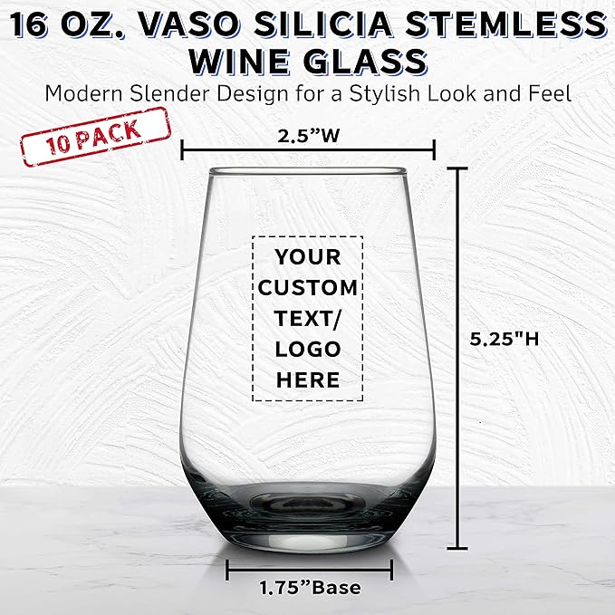 DISCOUNT PROMOS 10 Vaso Silicia Stemless Wine Glasses Set, 16 oz. - Personalized Text, Logo - Clear, Orb-Like, Thick base - Black
