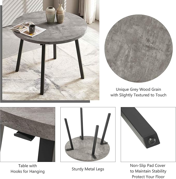 5-Piece Round Dining Table Set for 4, Grey Engineered Wood Coffee Breakfast Table with Hooks, 4 Soft Velvet Kitchen Dining Chairs, Metal Legs