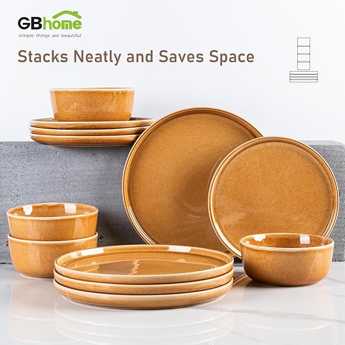 GBHOME Ceramic Dinnerware Sets for 6, 18 Pieces Stoneware Plates and Bowls Sets, Scratch Resistant Dishes, Dishwasher & Microwave Safe, Reactive Glaze-Amber