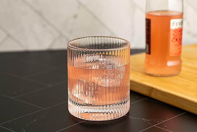 LEMONSODA Vintage Straight Line Lowball Drinking Glass 10oz Set of 4, Tumbler for Cocktails, Whiskey, Juice, Water Premium Gift Boxing Included