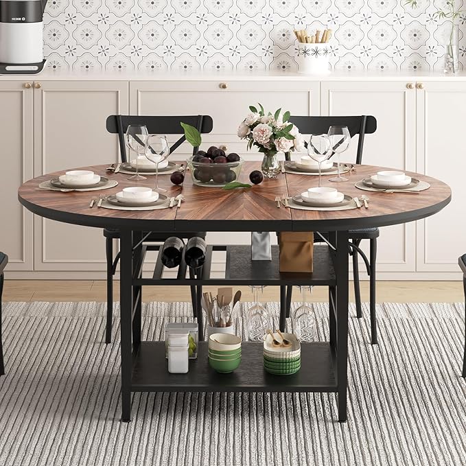 VFK 47.2"-63" Extendable Round Dining Table Set for 4–6, Solid Wood & Metal Table with Wine Rack Storage Shelf, Walnut Kitchen Furniture with 4 Upholstered Chairs (Storage Table and 4 Black Chairs)