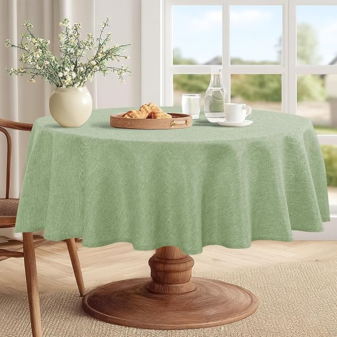JIUZHEN Round Table Cloth Faux Linen Farmhouse Tablecloth Wrinkle and Stain Resistant Decorative Fabric Table Cover for Kitchen, Dining Room, Parties and Camping, Sage Green, 70 Inch Round