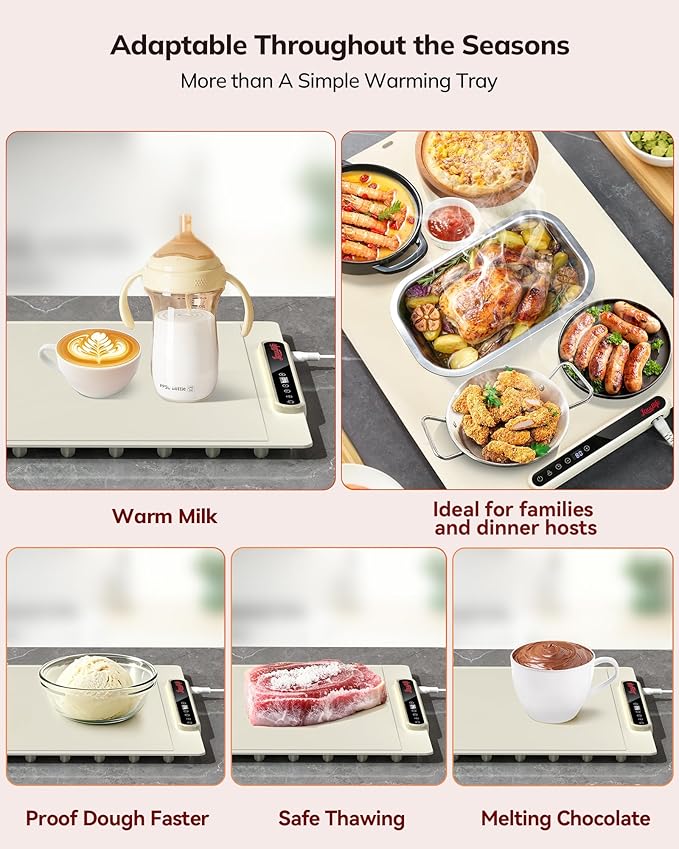 Food Warming Mat 24x16 Inches, Electric Warming Tray with 7 Temps, Foldable Food Warmer for Parties, Buffets, Family Gatherings, Holiday & Sabbath, Child Lock, Heating Mat for Food, Beige