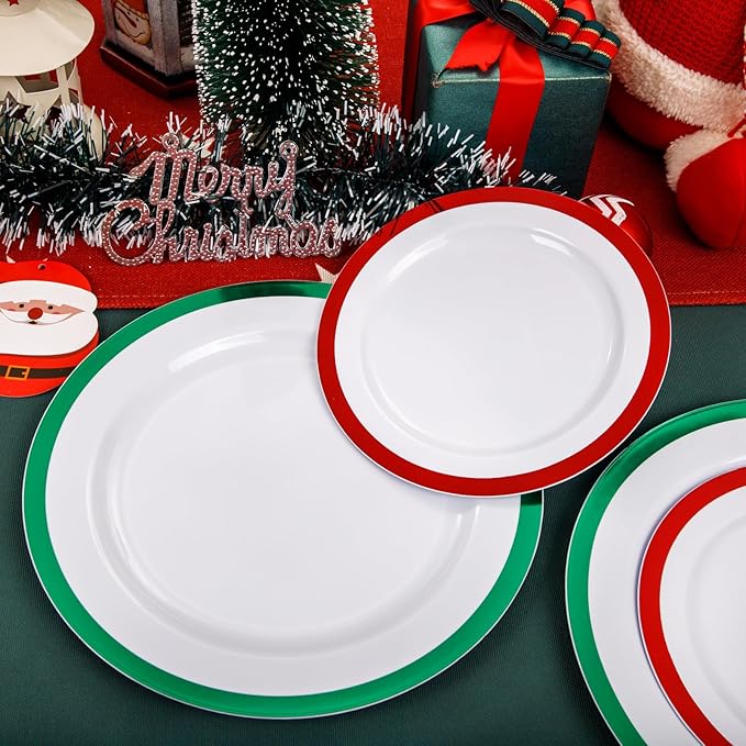 I00000 60PCS Christmas Plastic Plates, Red and Green Plastic Plates, Disposable Set Include 30 Green Dinner Plate, 30 Red Dessert Plate, Perfect for Christmas