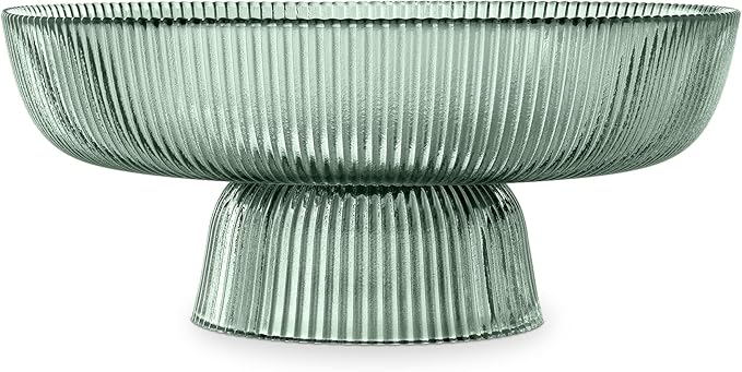 Navaris Glass Fruit Bowl - Decorative Fluted Colored Table Centerpiece Dish - 10.2" Diameter Green Tinted Bowl for Snacks and Candy