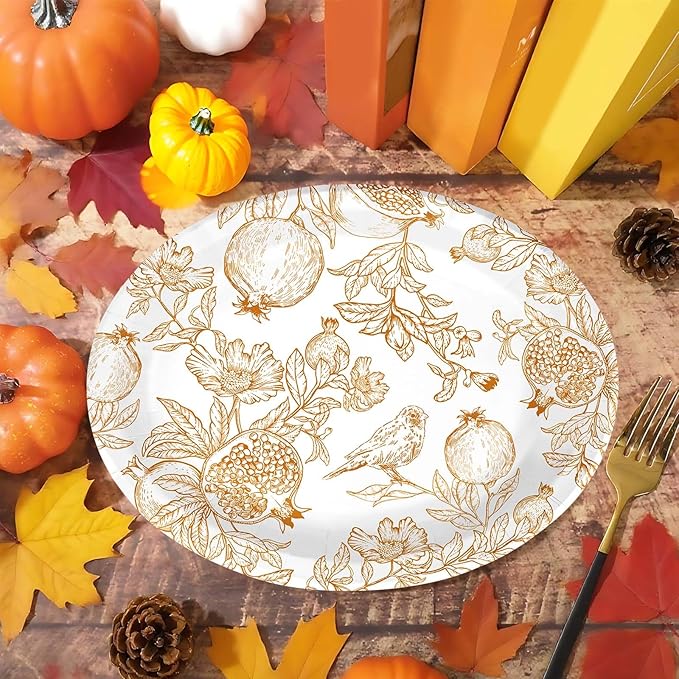 Grencian 50Pcs Fall Brown Pomegranate Oval Paper Plates 10"x12" Large Thanksgiving Party Plates Disposable Heavy Duty Autumn Pomegranate Platter for Fall Theme Party Decorations Harvest Party Supplies