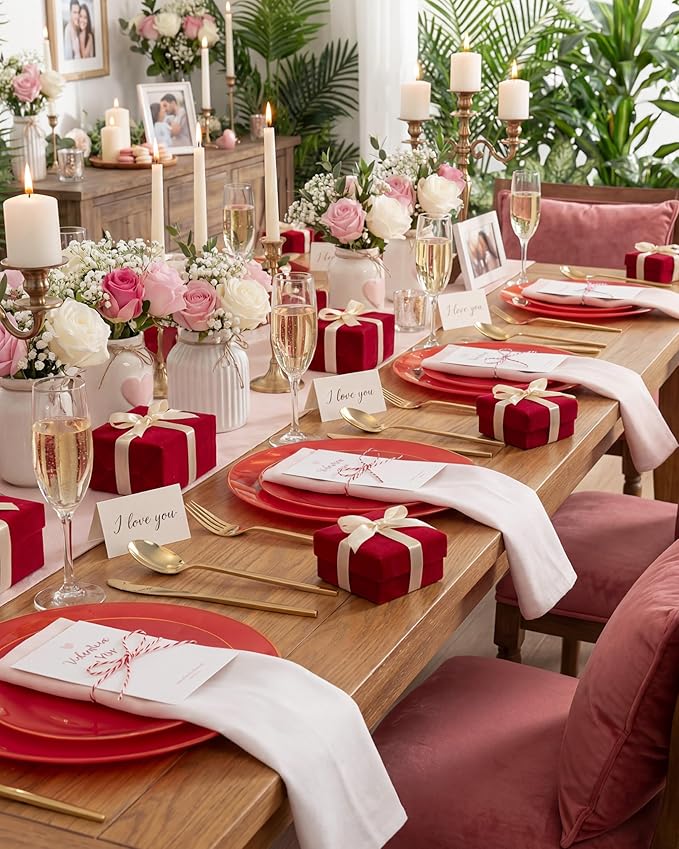 PULOTE 100PCS Red Plastic Plates Disposable Heavy Duty - Include 50 Dinner / 50 Dessert Plates for Party & Christmas