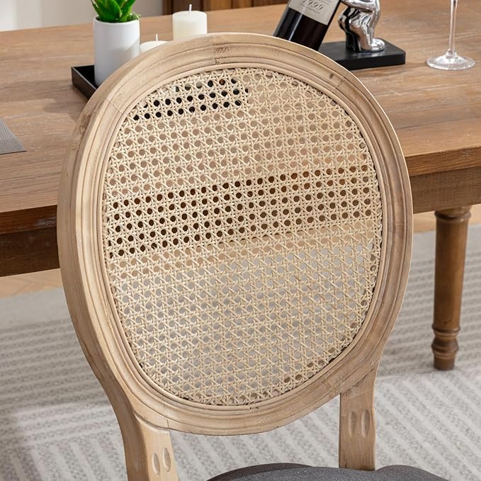Ball & Cast French Vintage Upholstered Dining Chairs Set of 2, Antique Painting Wooden Kitchen Side-Chairs with Rattan Back & Carved Solid Wood Frame, 2-Piece Curved Backrest Louis Chair, Beige