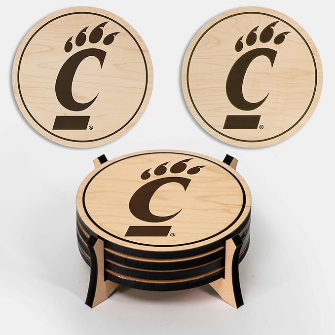LazerEdge Cincinnati Bearcats Wooden Coaster Set - Maple Wood - Officially Licensed Product - 4-Pack