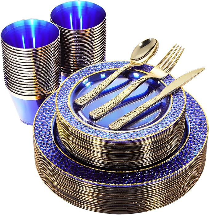 Nervure 150PCS Clear Blue Plastic Plates - Gold Party Plates - Blue and Gold Dinnerware Set Include: 50 Disposable Plate, 25Cups, 25Forks, 25Knives, 25Spoons for Wedding & Party & Hanukkah