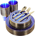 Nervure 150PCS Clear Blue Plastic Plates - Gold Party Plates - Blue and Gold Dinnerware Set Include: 50 Disposable Plate, 25Cups, 25Forks, 25Knives, 25Spoons for Wedding & Party & Hanukkah