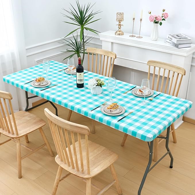 Smiry Rectangle Picnic Table Cloth, Elastic Waterproof Fitted Vinyl Tablecloths, Flannel Backed Buffalo Plaid Table Covers for Dining, Camping, Outdoor (White and Teal, 30" x 96")