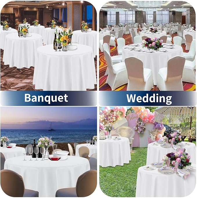 PureFit 6 Pack Round White Table Cloths 90Inch for Round Tables, Stain and Wrinkle Resistant Table Linens for Home Use, Wedding, Party, Banquet and Camping