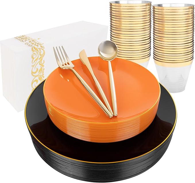 MirthMood 210PCS black and orange Plastic Plates,Black Disposable Plates –Plastic Plates Set Includes 30 Dinner,30 Dessert Plate,30 Cup&30 Napkins, 30 Gold Silverware for Wedding& Thanksgiving