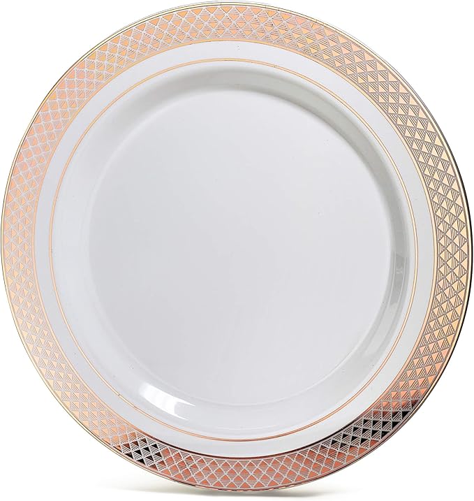 OCCASIONS 240 Plates Pack,(120 Guests) Heavyweight Premium Wedding Party Disposable Plastic Plates Set -120 x 10.5'' Dinner + 120 x 7.5'' Salad/Dessert plates (Celebration White & Rose Gold)