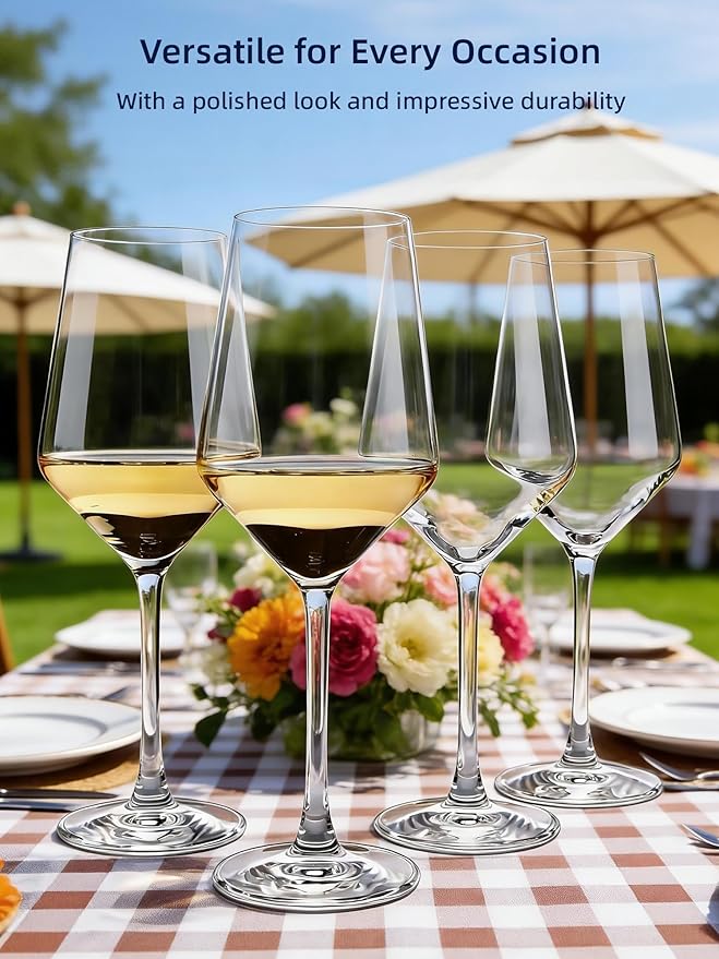Wine Glasses Set of 4, Sturdy Crystal Wine Glasses for White wine, 14oz Modern Wine Glasses with Thin Rim, Short Stem, Gifts for birthday, housewarming, wedding, Valentine's Day
