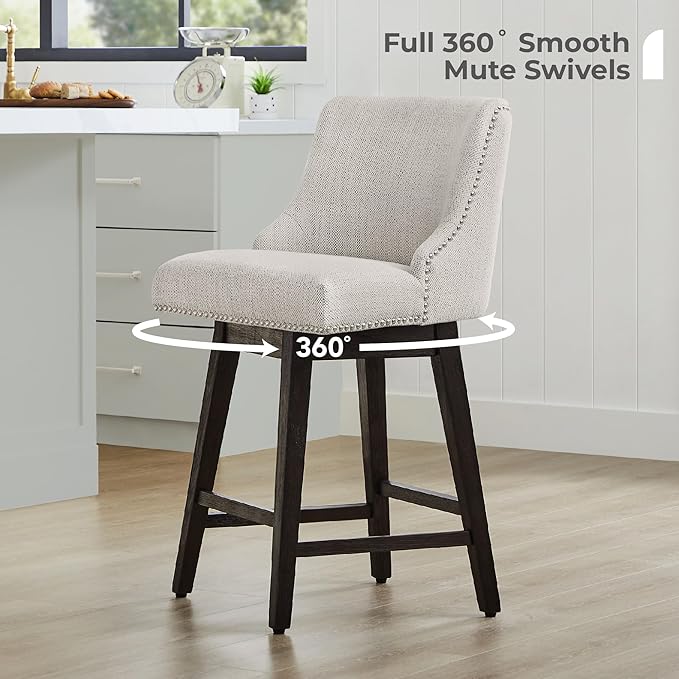 CHITA Counter Height Swivel Bar Stools Set of 4, FSC Certified Upholstered Counter Stools, Modern Swivel Barstools with Wood Legs for Kitchen Island, 26" Seat Height, Fabric in Ivory
