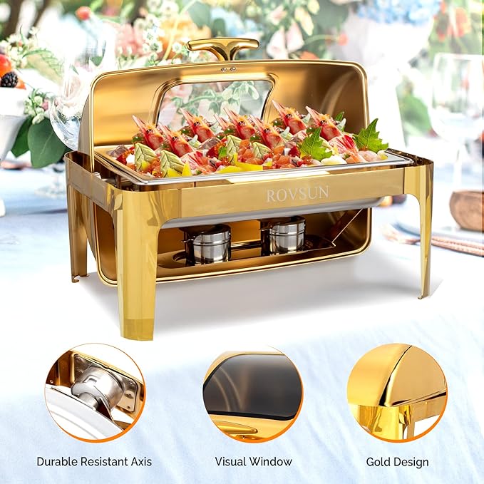 ROVSUN 9QT Chafing Dishes for Buffet 2 Pack, Roll Top Chafing Dish Buffet Set, Stainless Steel Buffet Warmer Chafers and Buffet Warmers Sets with Glass Window for Catering Parties Weddings, Gold
