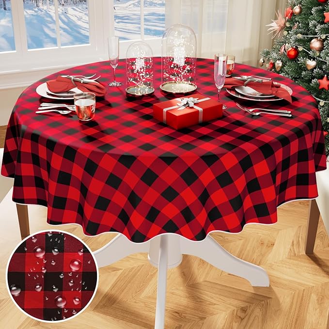 misaya Round Waterproof Vinyl Table Cloth, Buffalo Flannel Backed Tablecloth, Wipeable Plastic Table Cover for Christmas (60", Red and Black)