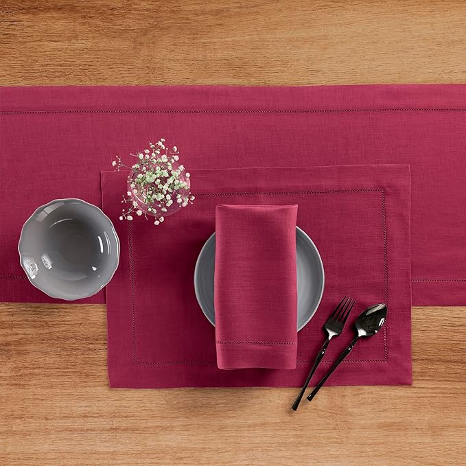 Solino Home Linen Table Runner 60 Inches - 100% Pure Linen Beet Hemstitch Table Runner 14 x 60 Inch Ideal for Dresser and Coffee Tables - Valentines, Easter, Winter - Classic Hemstitch