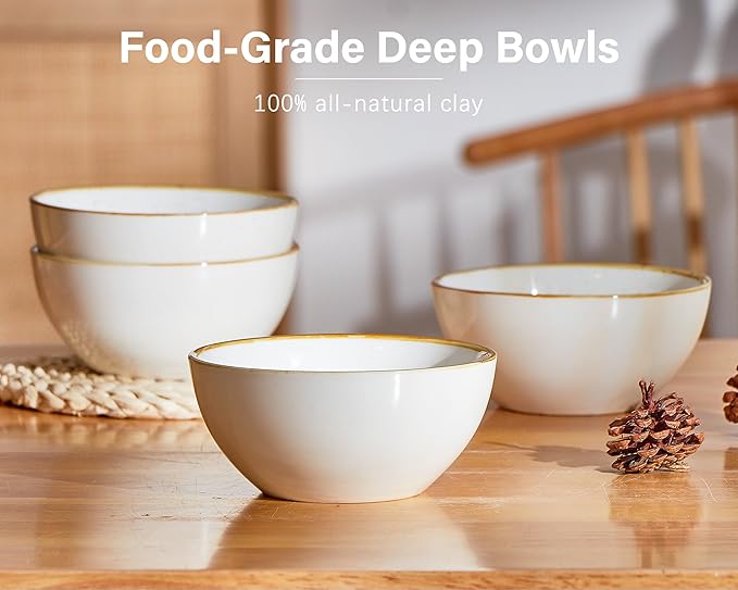 ONEMORE Ceramic Bowl Set of 6, 24 oz Soup Bowl Cereal Bowls with Brown Rim, Serving Bowls for Salad Snack Fruit Rice- Microwave Dishwasher and Oven Safe, Scratch Resistant - Cream White