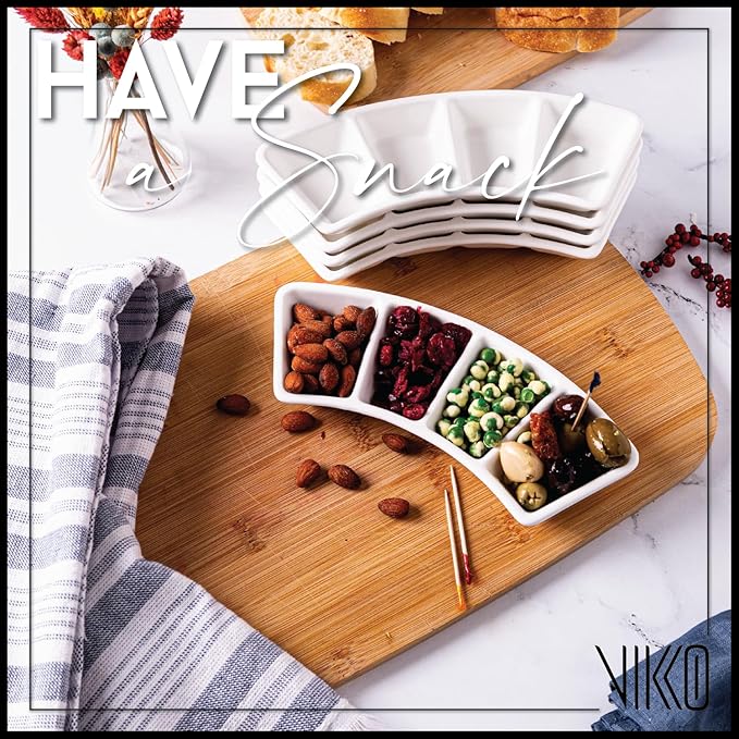 Vikko Serving Tray, 4 Section Porcelain Circular Serving Platter, Pack of 4, 8.4 Inch Small White Serving Dish for Entertaining, Condiments, Candies, Charcuterie, Snack