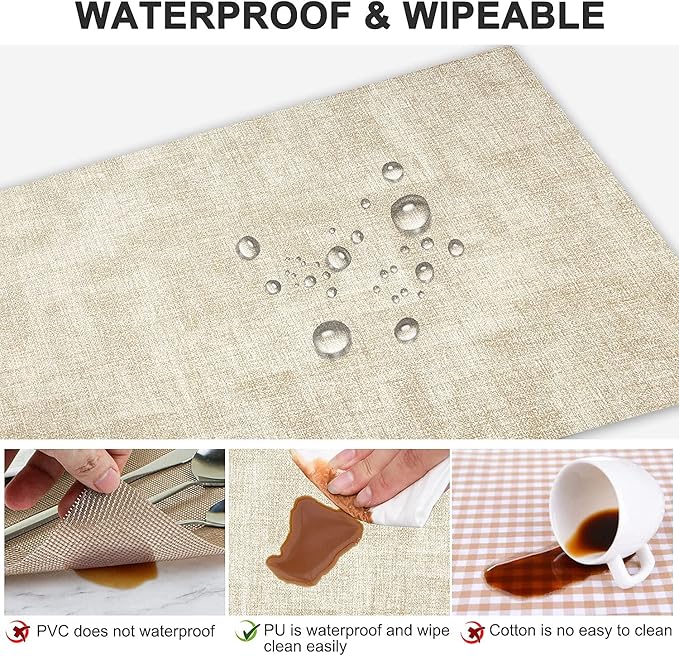 Leather Heat Resistant Placemats Set of 6 Waterproof Wipeable Washable PU Table Mats,Easy to Clean Anti-Slip Place Mats (Beige, 6)