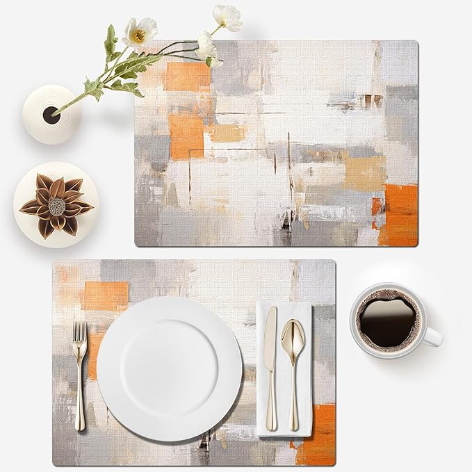 Mcalk Orange Table Runner and Placemats Set of 6, Abstract Grey Placemats, Modern Cloth Place Mats Indoor for Kitchen,Washable Linen Material for Dining Table