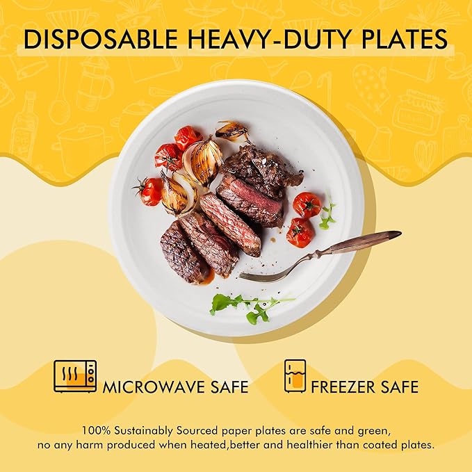 RACETOP Compostable Paper Plates 10 Inch [150 Pack], Disposable Biodegradable Heavy Duty Paper Plates, Made of Natural Sugarcane Fibers, Unbleached White, Round