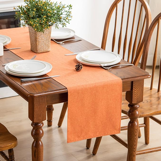 Orange Table Runner 13 x 36 Inches Long, Cotton Linen Farmhouse Style Fall Dresser Scarf for Kitchen Dining Coffee Table Parties Wedding Home Decor (13” x 36”, Orange)