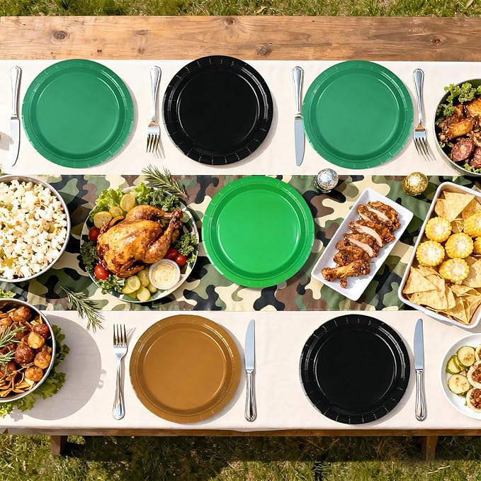 60Pcs Green and Brown Plates 9” Green Black Party Paper Plates Hunting Theme Birthday Platters Disposable Tableware for Camo Army Hunting Theme Party Decorations