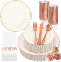 YOUBET 175PCS Ivory Scalloped Plastic Plates - Rose Gold Disposable Dinnerware Set Include 50 Plates, 75 Rose Gold Silverware, 25 Cups, 25 Napkins for Party & Wedding & Baby Shower