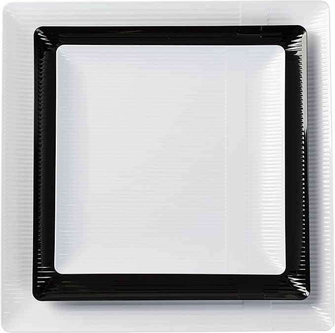 Exquisite Disposable-White-Plastic-Plates-Square Linear (40 Pack) Wedding Dinner Fancy Tableware Dishes (9 Inch., White) Single Size Set