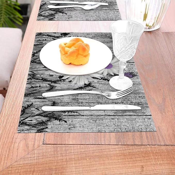 Placemats Set of 4 Rustic Floral Place Mats Farmhouse Daisy Woven Table Mats Washable Purple White Flower PVC Placemat for Dining Kitchen Decor Indoor Outdoor, 12 x 18 Inch