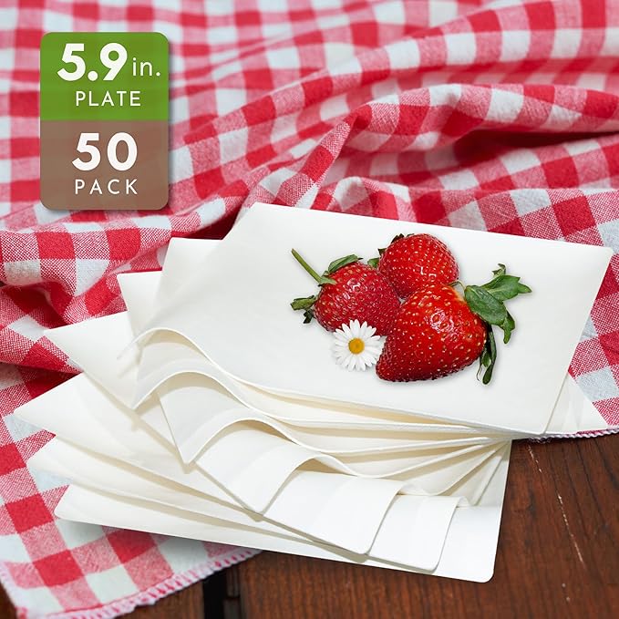 50ct Small 5.9'' Square White Sugarcane Mini Appetizer Plates | Compostable & Eco-Friendly Disposable Plates | Mini Plates for Desserts, Appetizers & Cocktails | Ideal for Parties, Buffets | CMJJ