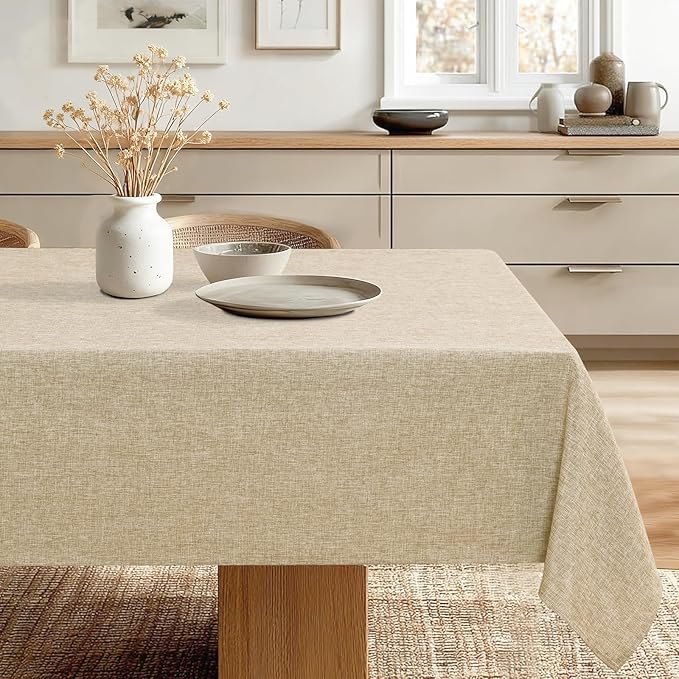JIUZHEN Square Table Cloth Faux Linen Farmhouse Tablecloth Wrinkle and Stain Resistant Decorative Fabric Table Cover for Kitchen, Dining Room, Parties and Camping, Beige, 54 x 54 Inch