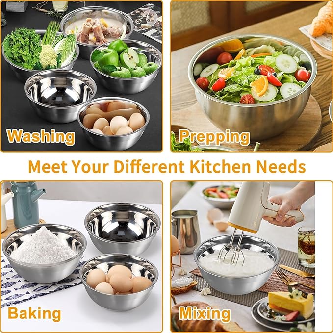 Mixing Bowls with Lid Set, 25PCS Kitchen Utensils Metal Bowl Stainless Steel Nesting Bowls, Measuring Cups and Spoons, Egg Whisk for Baking Prepping Cooking Serving Supplies