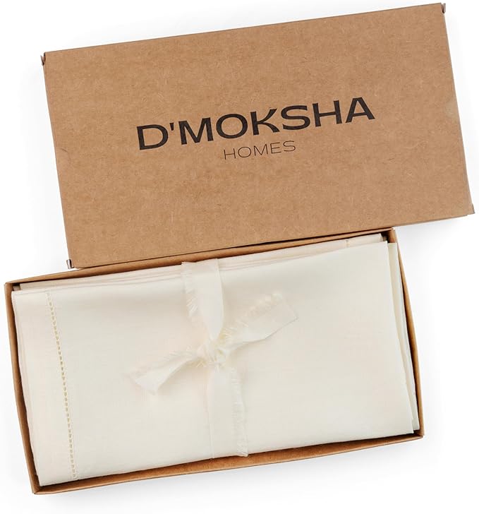 D'Moksha Homes Ivory Linen Napkins Set of 8 - Classic Hemstitch 100% Pure Linen Hemstitch Dinner Napkins 20 x 20 Inch for Valentines, Spring, Easter - Handcrafted and Machine Washable