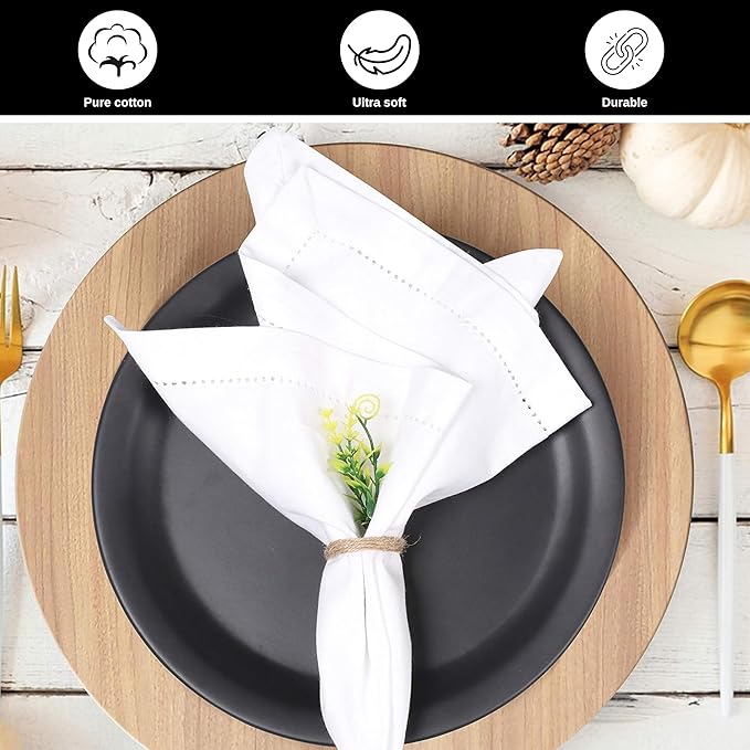 Bedding Craft Cotton Cloth Dinner Napkins Set of 12 – 18x18 White with Hemstitched Mitered Corners – Machine Washable Fabric Napkins for Weddings, Dinner Parties & Table Decorations