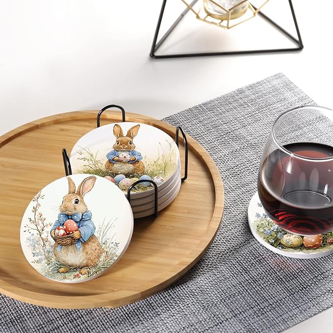 Drink Coasters for Drinks Set of 6, Vintage Easter Cute Rabbit and Eggs Absorbent Round Ceramic Stone Mat Coaster, with Cork Base and Metal Holder, Home Bar Decor House Warming Gift