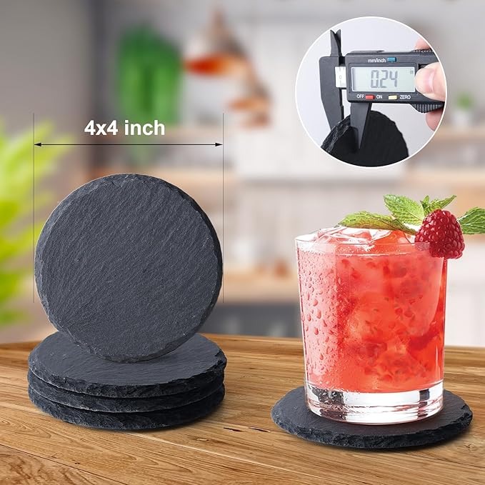 Slate Coasters Set of 6,4-Inch Black Round Stone Drink Coasters with Scratch-Resistant Backing, Durable Tabletop Protection for Home Office Kitchen, Ideal Housewarming Wedding Gifts