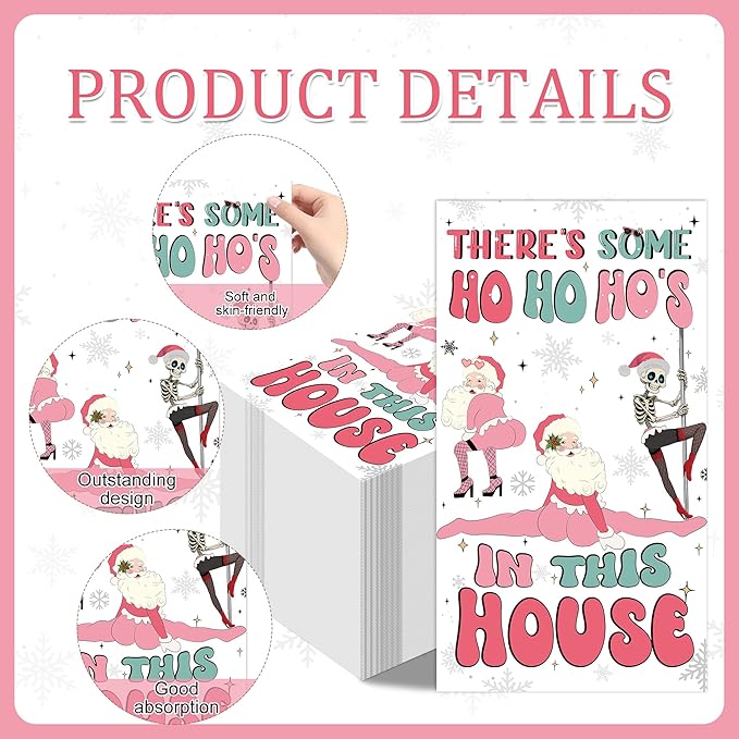 Theres Some Ho Ho Hos in This House Napkins - 100 Pcs Pink Friendmas Christmas Party Decorations Funny Santa Cocktail Disposable Paper Dinner Holiday Table Party Supplies Decor for Adults